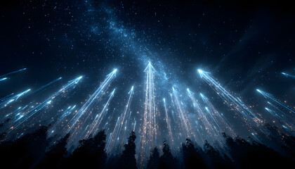 Glowing blue arrows rising through night sky and stars, symbolizing futuristic growth, success, and innovation.