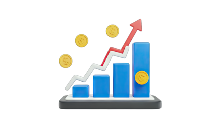 3D Bar Chart Growth with Coins on transparent background