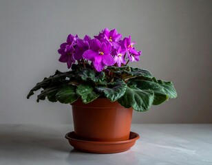Close-up of a vibrant purple flowering plant in a brown pot