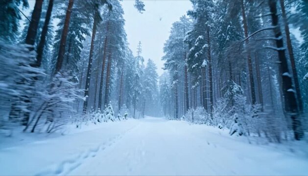 snowy forest landscape with tall pine trees and gentle snowfall slow forward camera motion perfect for winter solstice and world snow day