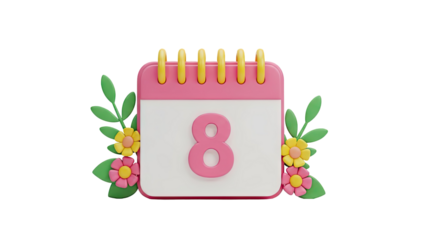 3D Calendar with Number 8 and Flowers on transparent background