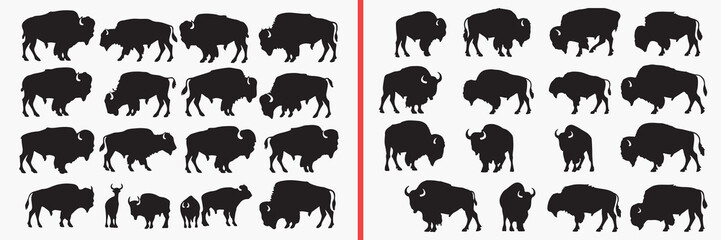 Fototapeta premium bison silhouette vector, buffalo animal clipart, wild bull svg, prairie wildlife illustration, strong animal shadows, american bison graphics, black buffalo silhouettes, nature animal vector, wildlife