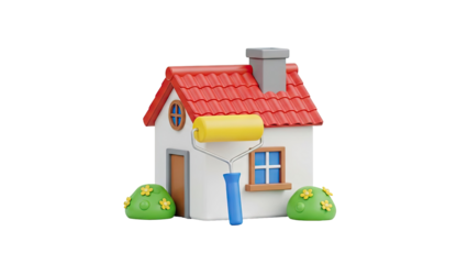 3D Cartoon house with paint roller and bushes on transparent background