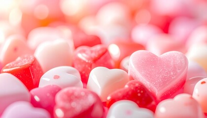 Obraz premium Close-up of a pile of heart-shaped candies in various shades of pink and white.