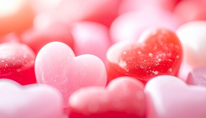 Fototapeta premium Close-up of Sweet Heart-Shaped Candies in Shades of Pink and Red.