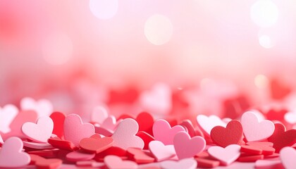 A pile of small heart-shaped confetti scattered on a pink background with bokeh lights.