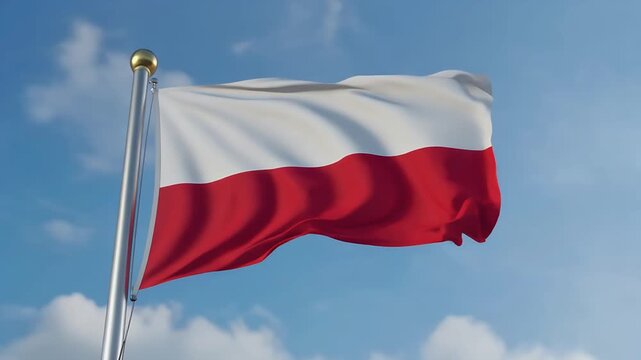Polish flag waving in the wind against a clear blue sky
