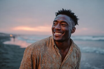 Happy man smiling on beach at sunset
