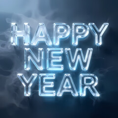 Clear crystal text &ldquo;HAPPY NEW YEAR&rdquo; with icy blue glow and light mist