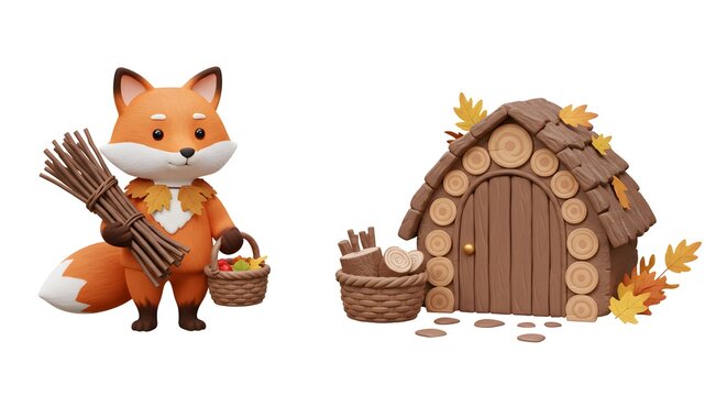 Cute Cartoon Fox Holding Bundle of Sticks and Basket with Apples Near Cozy Wooden Log Cabin in Autumn Scene