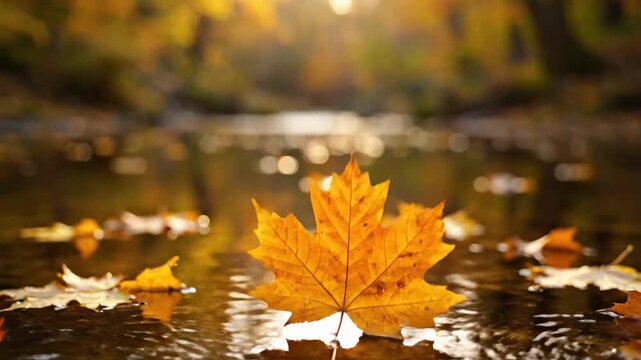 Autumn Leaves Floating on Serene Water Surface.
