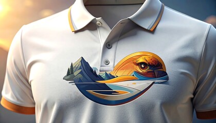 Close-up of a white polo shirt with a vibrant nature design