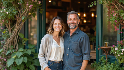 Couple owners smile happily outside small eco cafe surrounded by plants and flowers. They welcome clients to their reopened business after quarantine. Authentic friendly atmosphere.