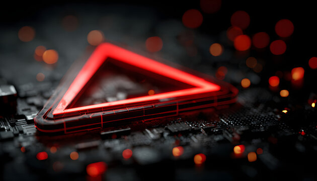 Glowing red warning symbol on a digital background, representing cybersecurity alerts, system errors, and data threats. - Powered by Adobe
