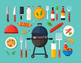Vector illustration of assorted food and grilling tools arranged over a blue backdrop