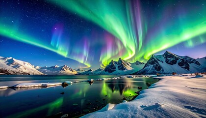 A breathtaking night scene features vibrant aurora borealis dancing above snow-capped mountains and a calm, reflective lake