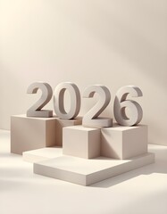 Minimalist stone and concrete blocks arranged with integrated 2026 number creating calm abstract celebratory professional visual composition