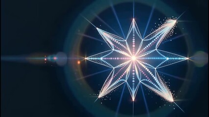 Animated sequence of a stylized star emitting light and particles, set against a dark background with lens flare effects.