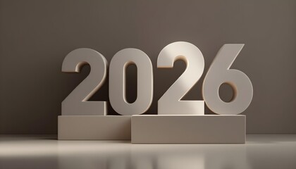 Modern sculptural blocks on matte surface forming elegant 2026 number with minimalist abstract composition and refined celebratory tone