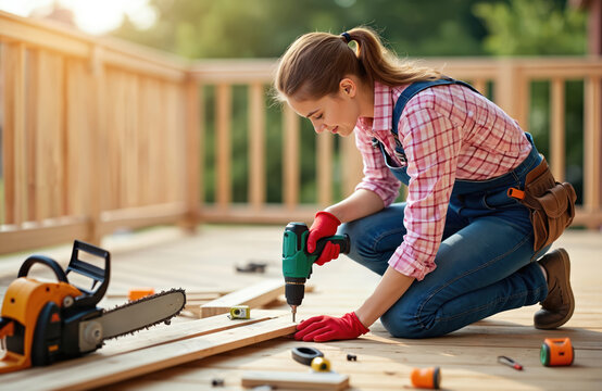 Young woman drills wood planks for deck construction. She wears overalls and tool belt, uses power drill and safety gloves. Outdoor DIY project for home improvement.
