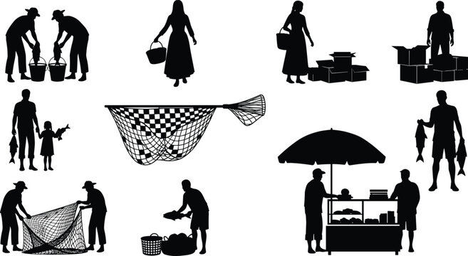 Fishing and market silhouette set, fishermen with nets and catch, people selling fish at stalls, traditional seafood industry icons isolated on white,