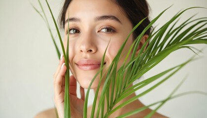 Fototapeta premium Young woman enjoys natural beauty treatment with green palm leaves framing face. Clear, healthy skin glows, showing fresh, clean complexion. Smiles gently, suggesting wellness, serene spa experience.