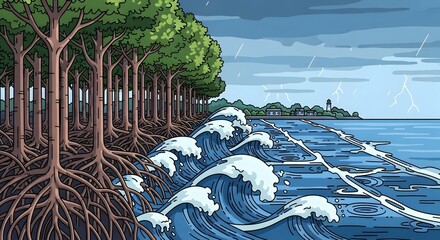 Stormy Ocean Waves Crashing Against Forested Coastal Cliff During Lightning Storm