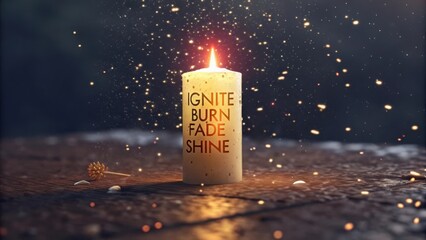 Elegant candle glowing softly in dark space with captivating sparkles, inspiring words that evoke warmth and reflection