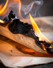 Close-up of burning paper, engulfed in flames and smoke