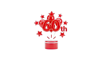 3D 60th Anniversary Celebration with Balloons and Stars on transparent background