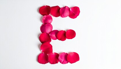 Letter E Made of Red Rose Petals on White Background.