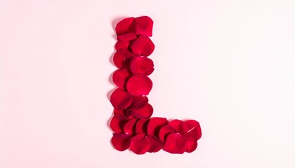Obraz premium Letter L formed by red rose petals on a light pink background.