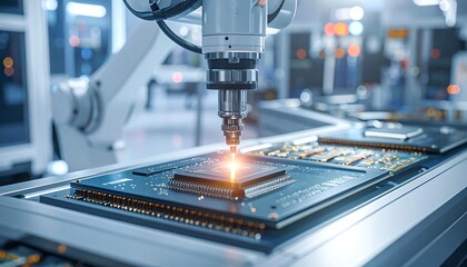 Close-up of automated robotic arm placing component on circuit board