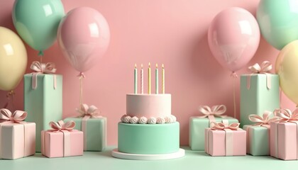 Two tier cake with five candles sits among pastel gift boxes and balloons. Festive birthday celebration scene, perfect for party invites or announcements.