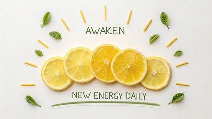 Fresh Lemon Slices with Green Leaves and Inspirational Message to Awaken New Energy Daily on a Bright Background