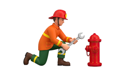 3D Cartoon firefighter with wrench fixing a red fire hydrant on transparent background