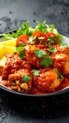 Close-up of chicken dish in a red sauce, served with garnish