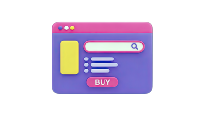 3D cartoonish browser window with search and buy button on transparent background