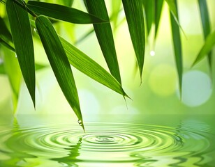 Close-up of bamboo leaves with water droplet and ripples