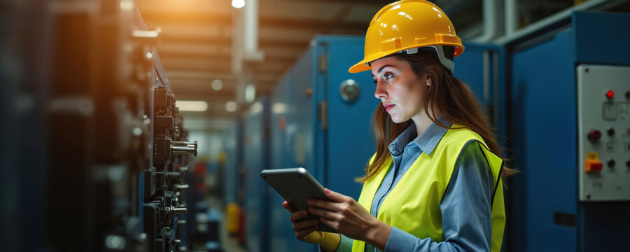 Woman engineer in yellow helmet and safety vest uses tablet to check industrial machinery. Female worker controls complex equipment in factory. She works in production facility, monitors system.