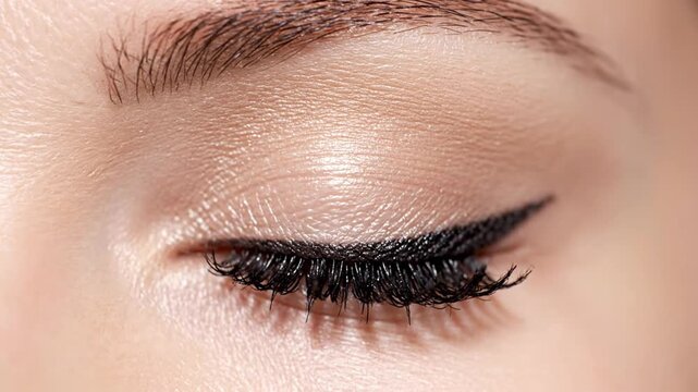 Close-up of a woman's closed eye with elegant winged eyeliner and long, lush eyelashes, showcasing beauty makeup