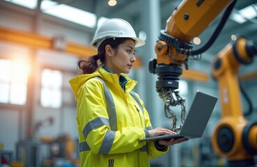 Woman engineer wears hard hat, yellow vest, uses laptop near industrial robot arm. Inspects machinery control panel on factory floor. Checks automated production process.