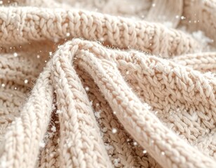 Close-up of beige knitted sweater texture, snowflakes falling around it