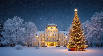 Naklejka premium Snowy night with decorated tree and grand building