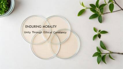 Enduring Morality Concept Representation with Glass Petri Dishes and Green Leaves Symbolizing Ethical Values and Unity