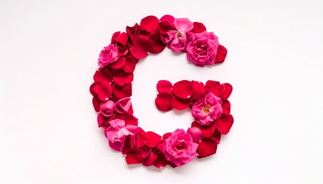 Letter G formed from vibrant red and pink rose petals on white background.