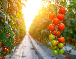 Close-up of cherry tomatoes growing in a greenhouse under sunlight