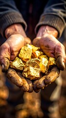 Close-up of dirty hands holding lustrous, golden nuggets
