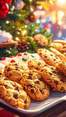 Close-up of cookies on a tray with Christmas tree in background