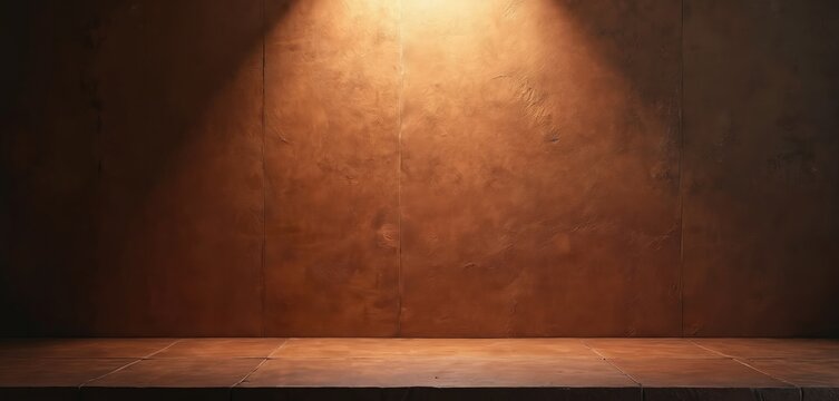 Dark brown studio background with textured wall and floor. Warm light shines from above creating dramatic shadows. Empty space perfect for product display or advertising.